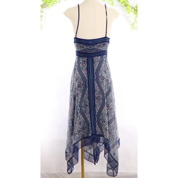 Nicole Miller Women's Sz 14 Silk Blue Handkerchief Dress Asymmetric Midi Fairy - Picture 2 of 10